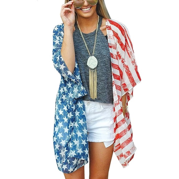 ASKETAM 4th of July Print Kimono Cover Up Tops Shirt Patriotic Women's American Flag Cardigan