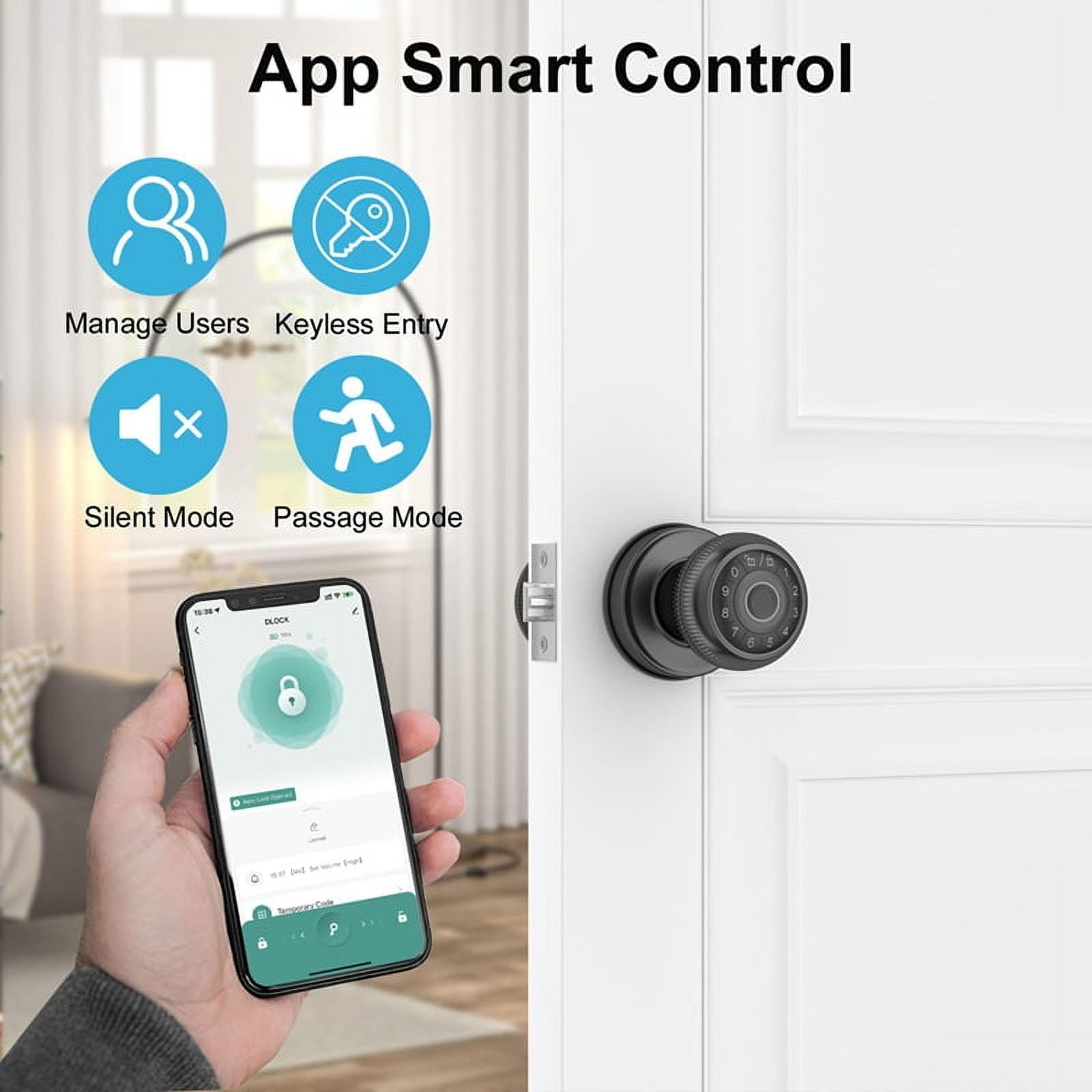 4-in-1 Smart Door Knob, Fingerprint Door with App Control, Smart Fingerprint Door Lock with Keypad, for Home,Office