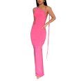 thumbnail image 2 of Women's Summer Bodycon Long Dress, Solid Color Slant Shoulder Drawstring Backless Ruched Detail Dress, 2 of 9