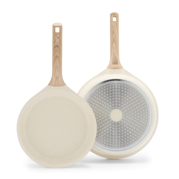 GreenLife Arte 2 Piece Frying Pan Set, Ceramic Nonstick 9.5" & 11" Skillets, Induction Suitable, Wood Print Handles, Dishwasher Safe, Speckled Cream