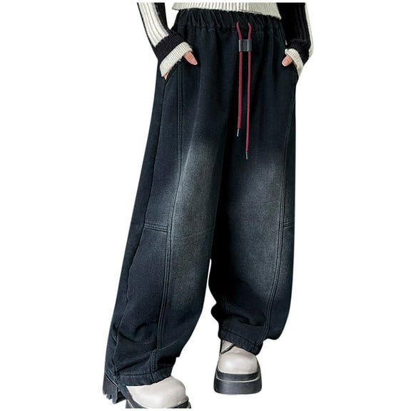 Odeerbi 5-16 Years Kids Girls Wide Leg Jeans Cute Denim Pants High Waisted Button Loose Pants with Pocket