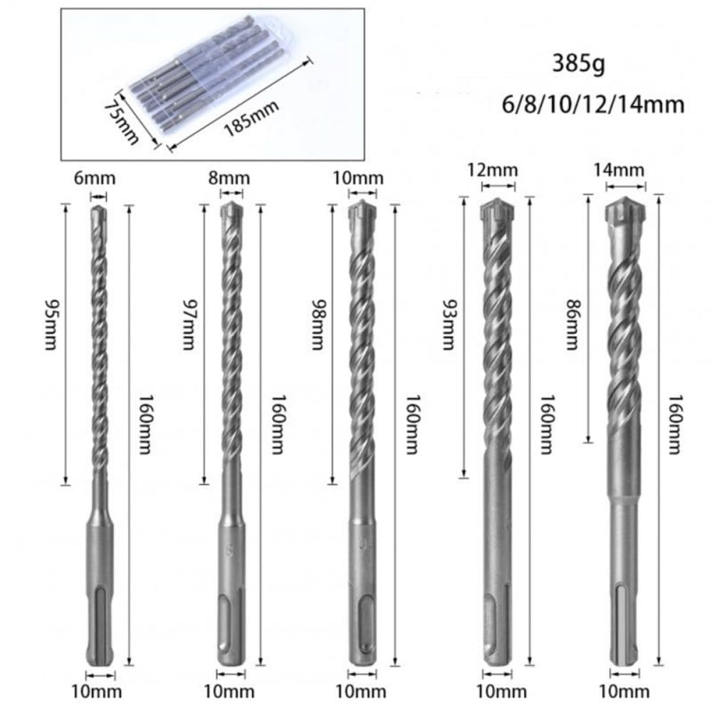 5Pcs SDS-Plus Cemented Carbide Hammer Drill Bit Set 6-8-10-12-14mm Double Flute Cross-head Round Shank