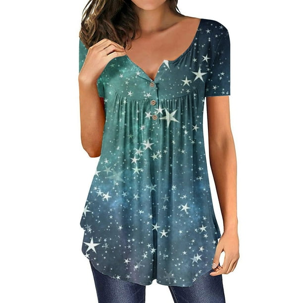 Gibobby Blusa Sexy Cuello en V Camiseta de manga corta con cuello redondo para mujer con estampado de estrellado, camiseta informal ajustada, blus(Verde,CH)