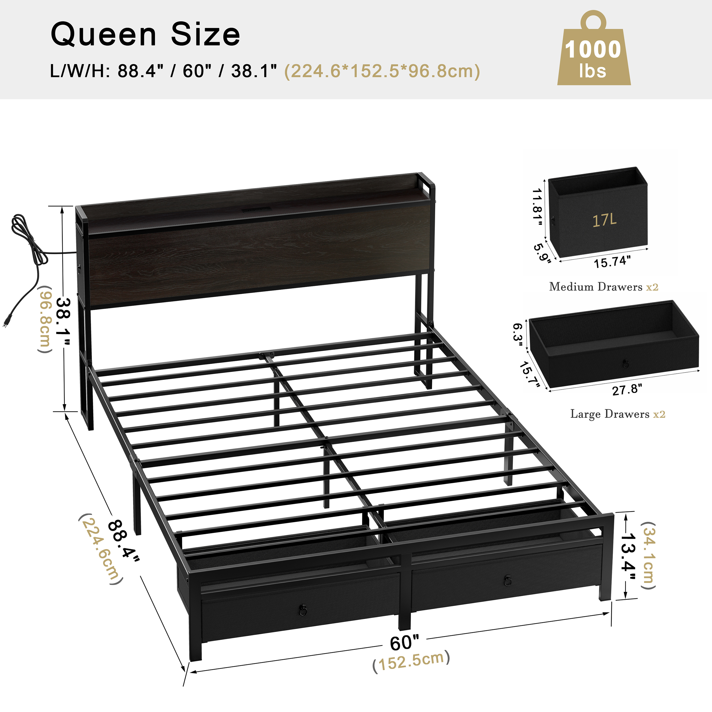 GUNAITO Queen Bed Frame with Storage Headboard Platform Bed with 2 Drawers Metal Bed with Charging Station, Dark Brown