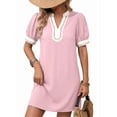 thumbnail image 3 of Summer Dresses for Women Boho Floral Puff Short Sleeve V Neck Trim Casual Mini Dress Sundress Pink M, 3 of 9