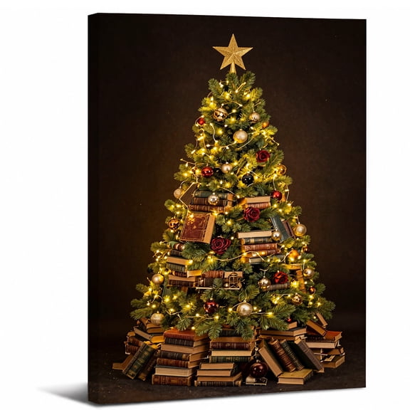 Christmas Tree Canvas Wall Art Framed,Old Books Baubles Roses Golden Star canvas print for bathroom bedroom or living room decor,8x12in