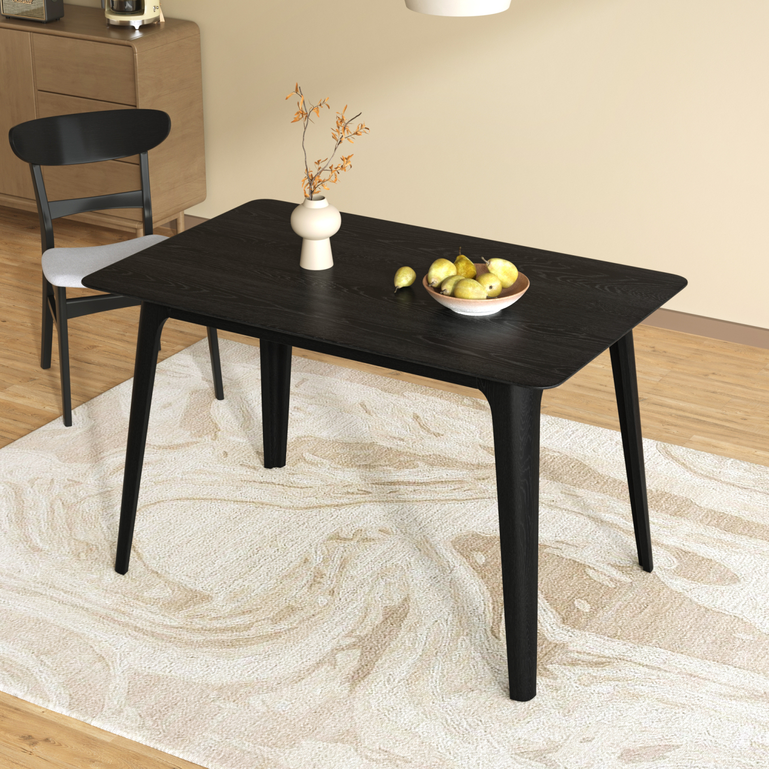 Lisonu Mid-Century Modern Dining Table, 47" Black Kitchen Table with Solid Rubberwood Legs for Small Spaces, Rectangular Faux Wood Top