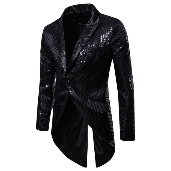 TIMIFIS Black Men's Tuxedo Suit Jacket Fashion Sequin Performance Tailcoat Swallowtail Dress Coat Casual One Button Tuxedo Blazer