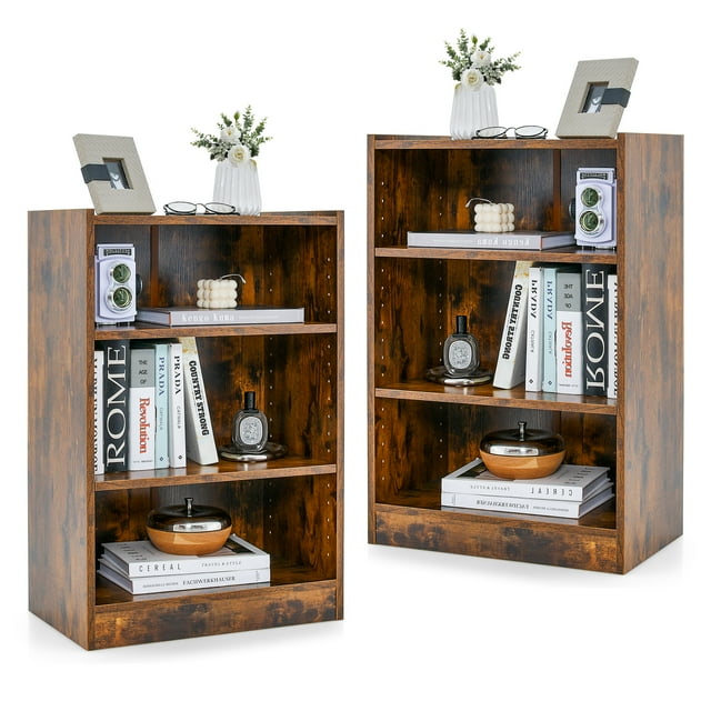 Costway 2 PCS 3-Tier Bookcase Open Multipurpose Display Rack Cabinet with Adjustable Shelves Brown