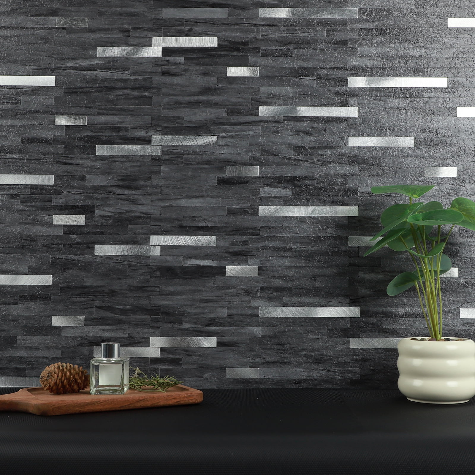 22-Sheet Peel and Stick Backsplash Stone Tile, Self Adhesive Slate Black Grey Linear Stick on Wall Tiles for Kitchen Bathroom(10.44 sq.ft)