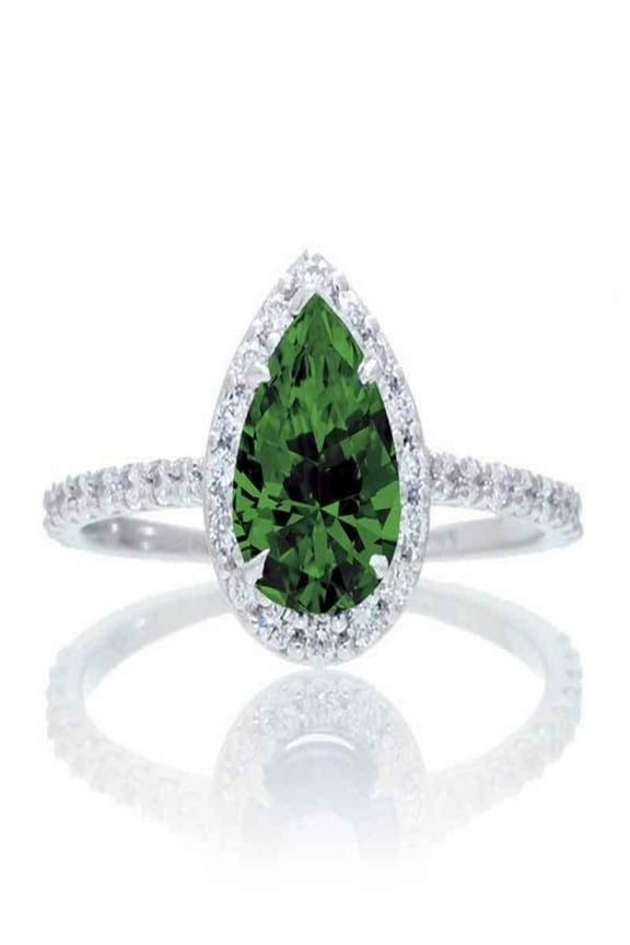1.5 Carat Classic Pear Cut Emerald With Diamond Engagement Ring on White Gold in 14k White Gold emerald and diamond engagement