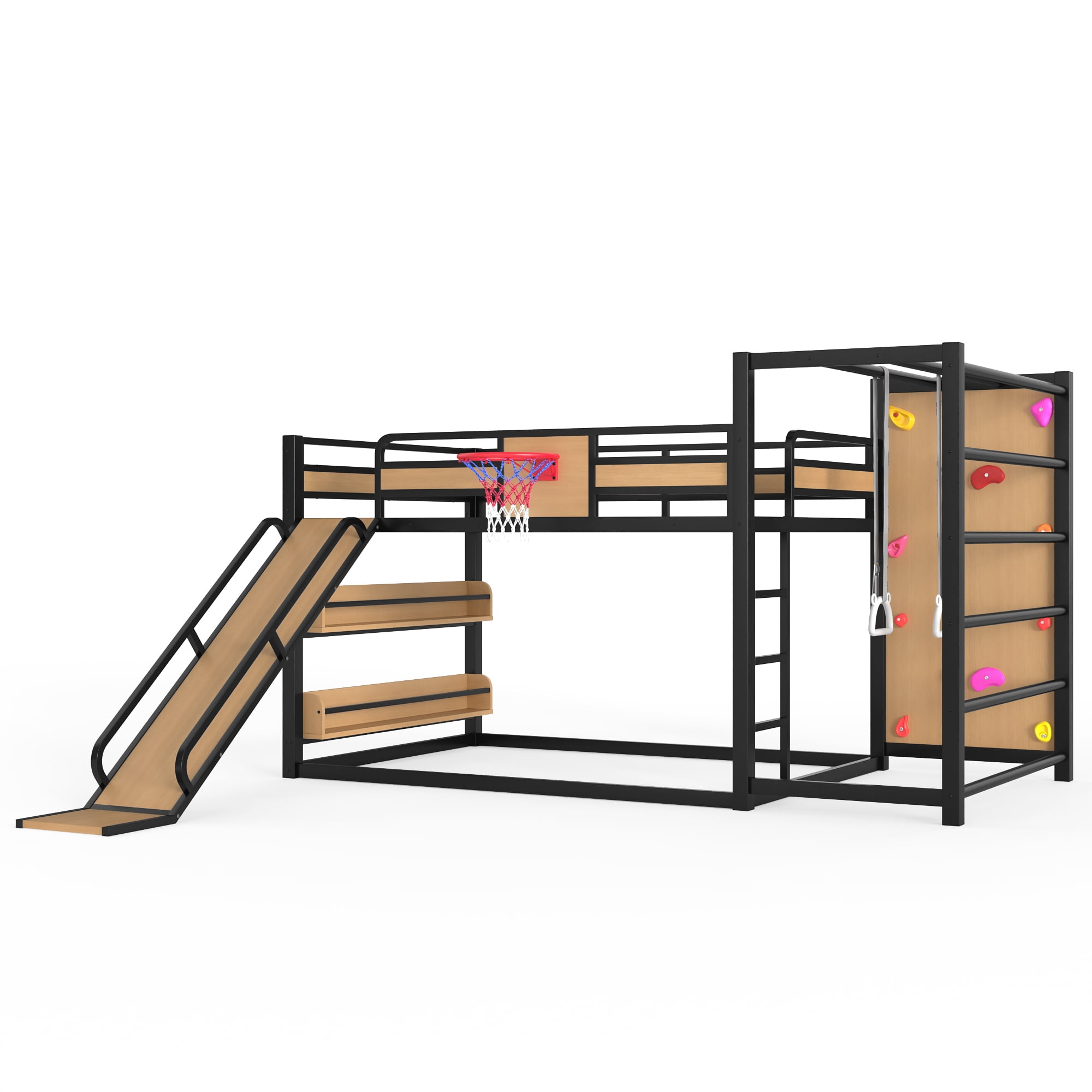 Full Size Loft Bed with Basketball Hoop, Pull-up Rings and Climbing Wall, Metal Loft Bedframe with Bulit-in Bookshelves, Kids Playhouse Bed with Slide for Boys Girls