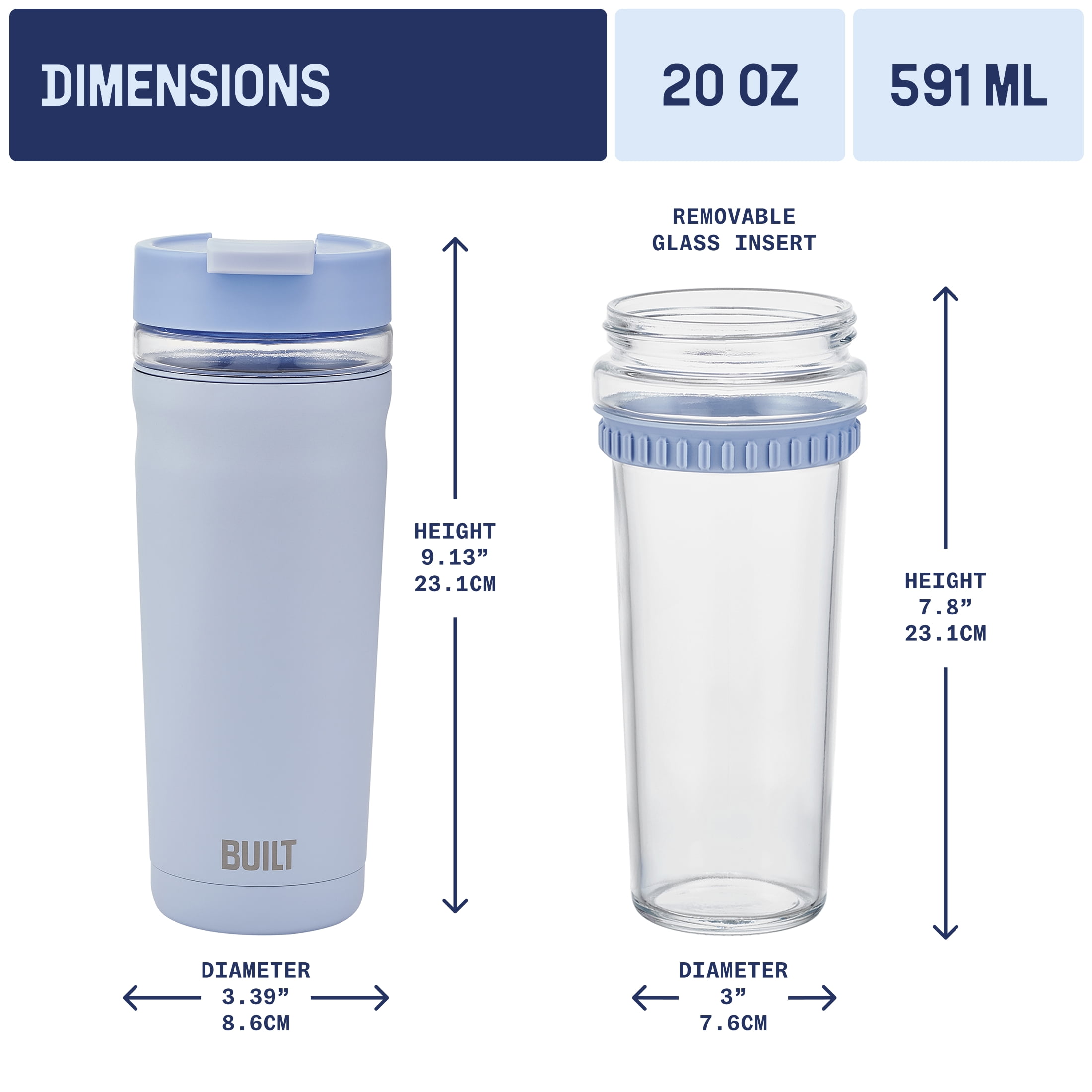 Built Torrent 20 oz Light Blue Insulated Stainless Steel Tumbler with Glass Interior
