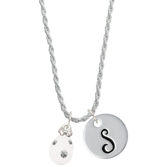 Delight Jewelry White Easter Egg with Clear Crystal Dots Silvertone Script Initial Disc - S - Charm Necklace, 20"+3"