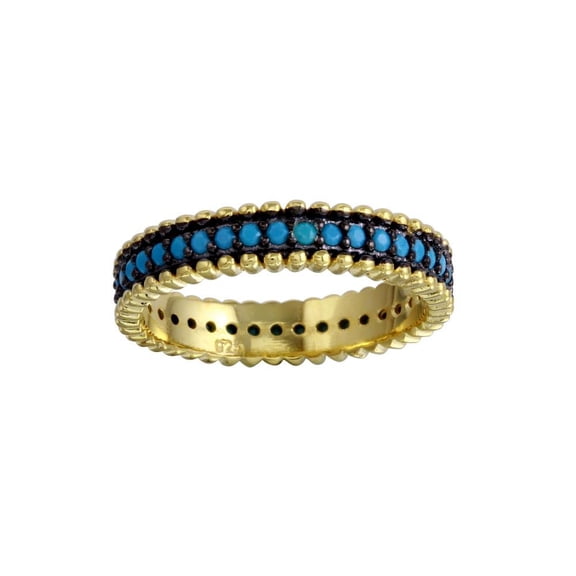 Polished Gold Plated 925 Sterling Silver Simulated Turquoise Band Ring Blue CZ Female Size 8