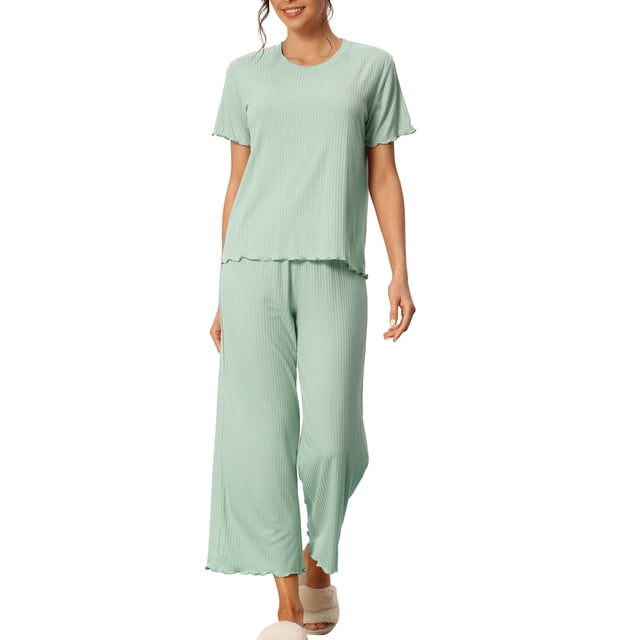 INSPIRE CHIC Ensembles de Pyjama pour Femmes Col Rond Manches Courtes Uni Côtelé Tenue de Nuit Décontractée Pyjamas pour Dames m Vert