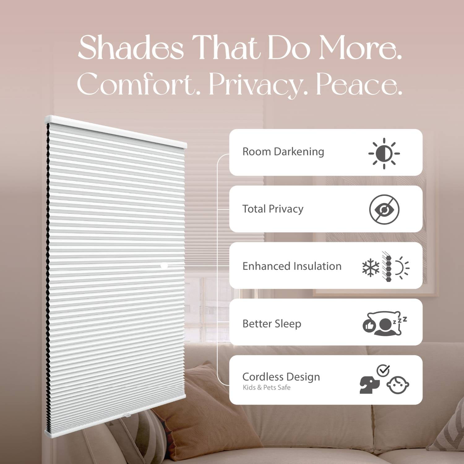 REGAL estate QuickInsta PeelMount No Drill No Tool Cordless 1.5" Blackout Cellular Shades, 38.5"W x 72"H, White
