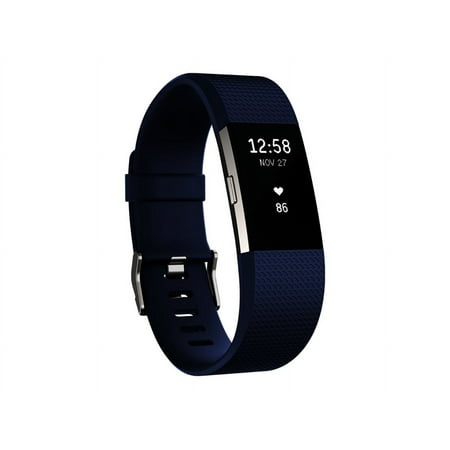 Fitbit Charge 2 - Silver - activity tracker with band - elastomer - blue - band size: L - monochrome - Bluetooth - 1.23 oz