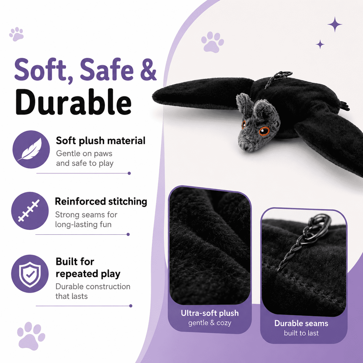 Pawbat Flying Bat Toy, Interactive Flying Bat Pet Toy, USB Rechargeable Automatic Flapping Plush for Pet, Catnip Pocket with Hanging Rope