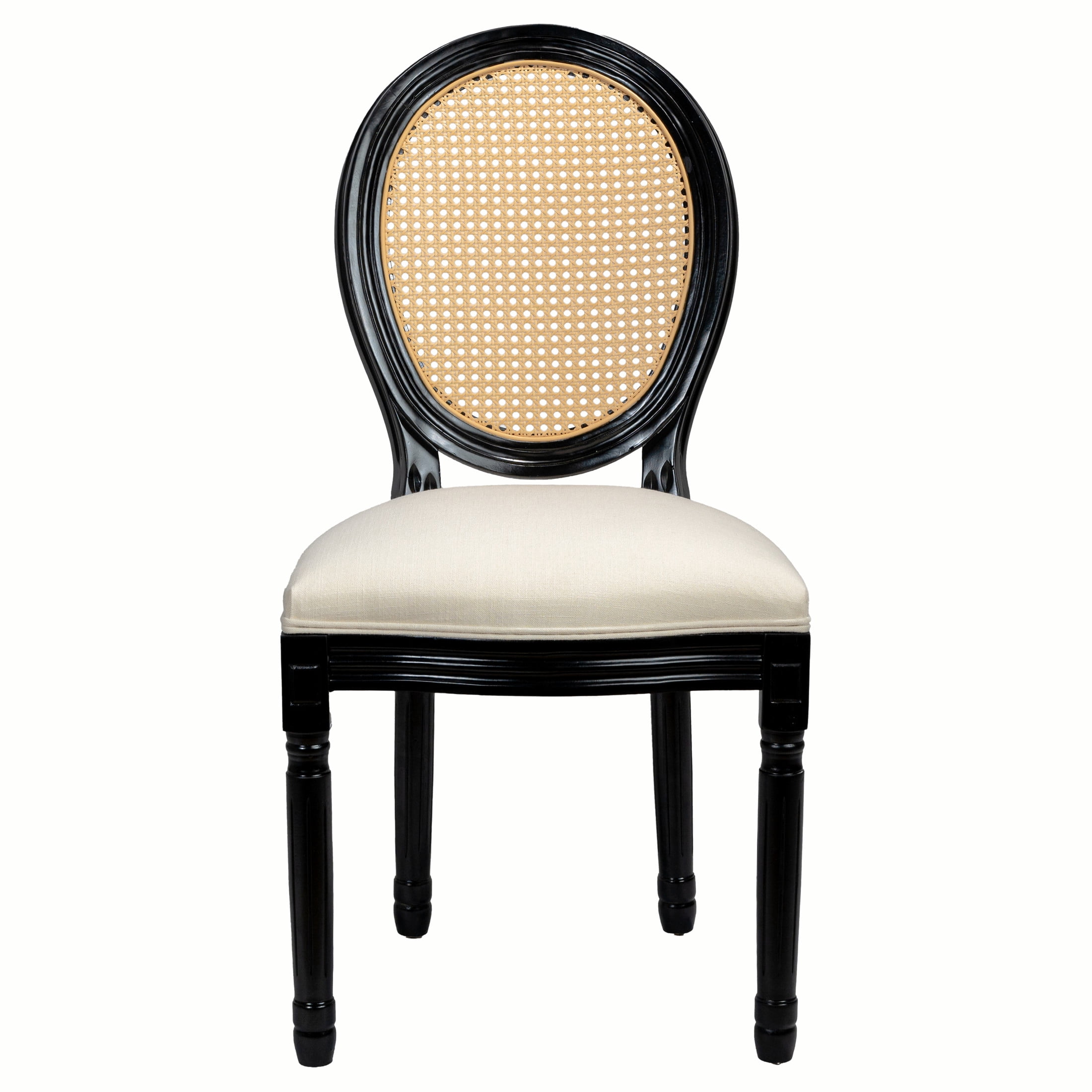 Noble House Caldon French Country Upholstered Dining Chairs with Solid Wood Frame and Rattan Back, Beige, Set of 2