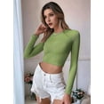 thumbnail image 3 of Women'S Backless Long Sleeve Ribbed Knit Crop Top Slim Fit Crew Neck Twist Back Cut Out Fitted Shirt Green L, 3 of 8