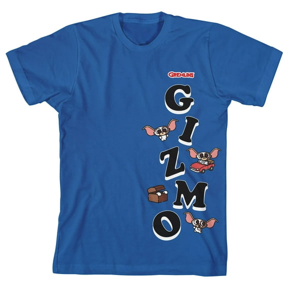 Gremlins Gizmo Toppling Text Boy's Royal Blue T-shirt-Medium
