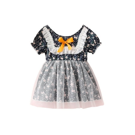 

Binpure Infant Girl Short Sleeve Dress Floral Printed Mesh Patchwork Bow-Knot Decor Dress Casual Simple One-Piece Clothes