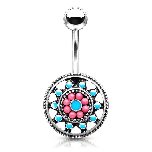 Belly Button Ring Turquoise Enamel and Beads Aztec Tribal Sun Surgical Steel 14g