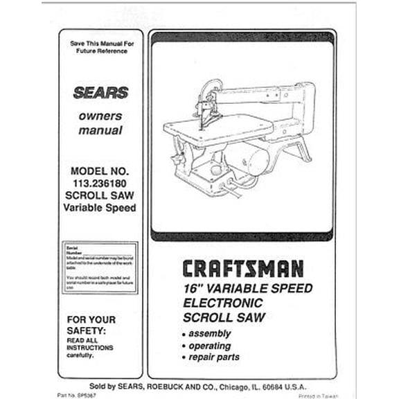 Instruction Manual ONLY for Craftsman 113.236180 Scroll Saw Owners Instruction Manual REPRINT
