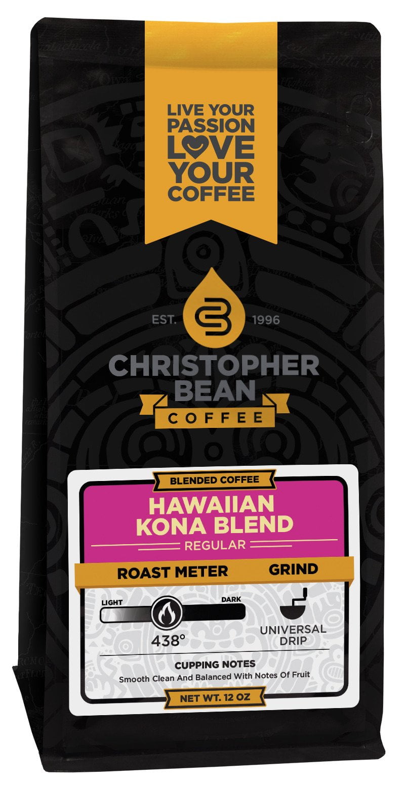 Hawaiian Kona Blend Flavored Regular Whole Bean Christopher Bean Coffee, 100% Arabica, No Sugar, No Fats, Made with Non-GMO Flavorings, 12 Oz Bag of coffee