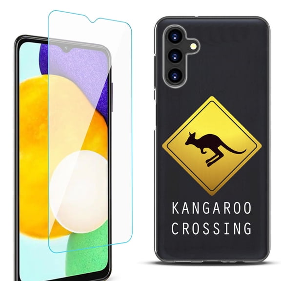 Slim-Fit Protective Fashion Phone Case (Black) for Samsung Galaxy A13 5G, with Tempered Glass Screen Protector, by OneToughShield ® - Road Sign Kangaroo