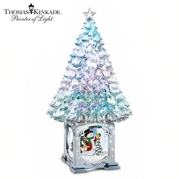The Bradford Exchange Thomas Kinkade Illuminated Musical Christmas Tree Snowman Snow Globe Magic of the Season Decoration  with Color Changing Lights and 8 Carol Melodies 13"-Inches