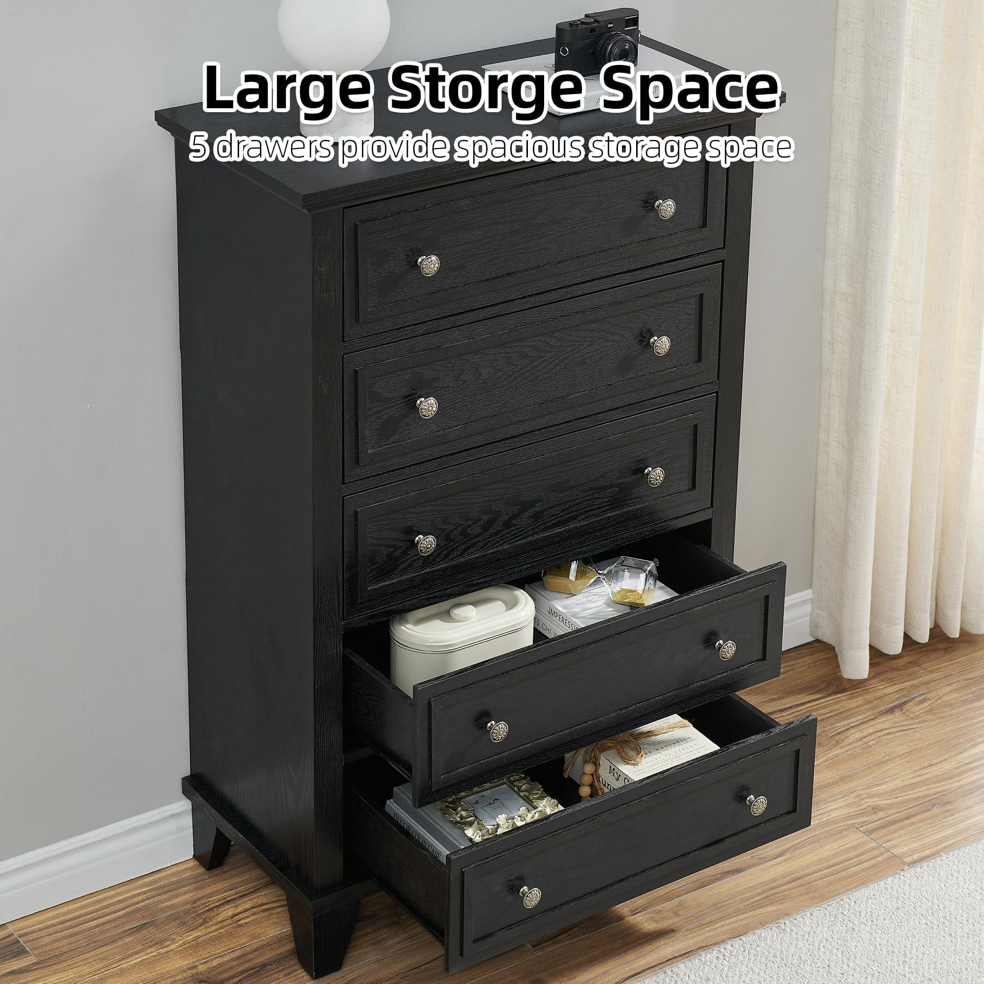 5 Drawer Dresser for Bedroom, 48" Tall Modern Chest of Drawers with Deep Drawers, Wood Storage Cabinet with Vintage Metal Handles for Living Room, Hallway, Black