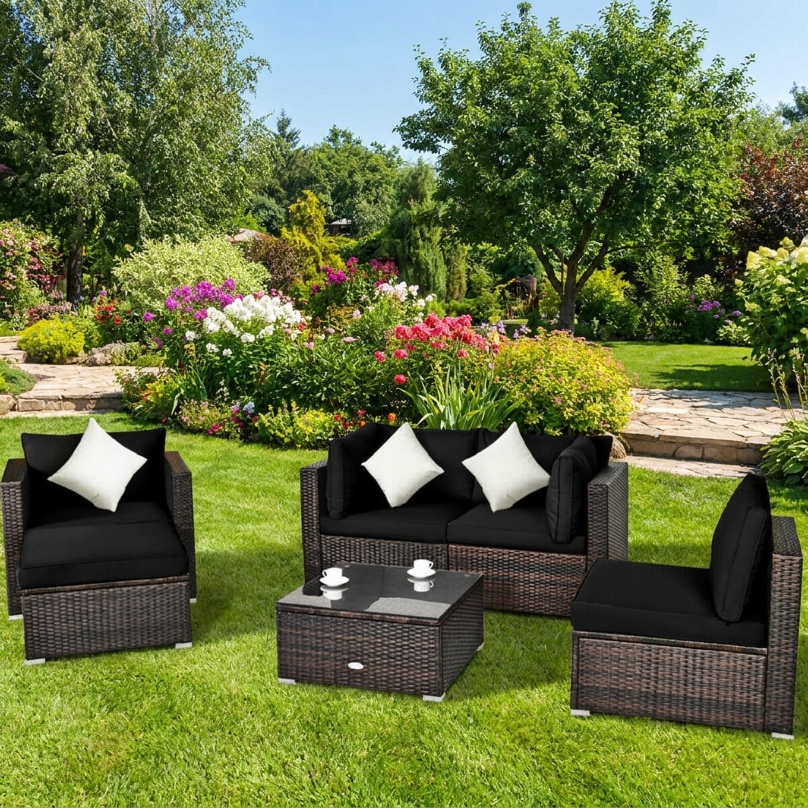 Furnibear 6 Piece Patio Furniture Set Outdoor Sectional Sofa PE Wicker Conversation Set with Glass Table and Cushions for Backyard, Black