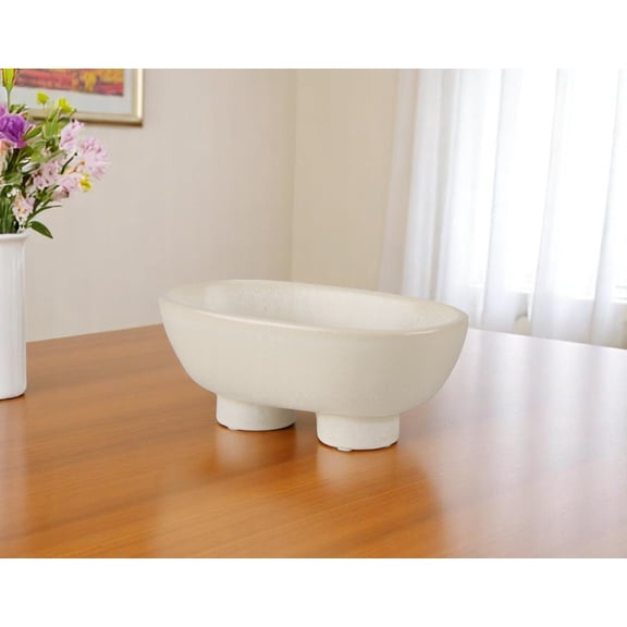 8" Cream Ceramic Oval Pedestal Centerpiece Bowl