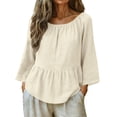 thumbnail image 2 of LangJing Womens Linen Peplum Babydoll Tops 3/4 Sleeve Summer Pleated Cotton Linen T-Shirts Dressy Casual Loose Fit Flowy Blouse Beige,XXL, 2 of 7