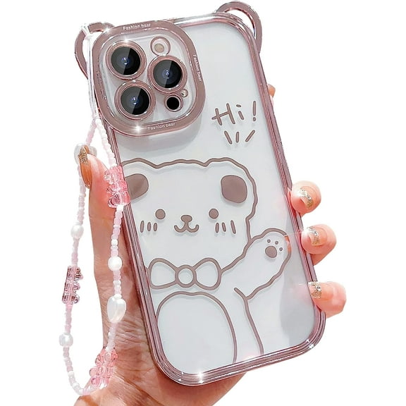 Compatible for iPhone 14 Pro Max Phone Case Cute Cartoon Electroplating Bear with Pink Bear Heart-Shaped Lanyard Bracelet Chain for Women Girls Soft TPU Shockproof Cover-Pink