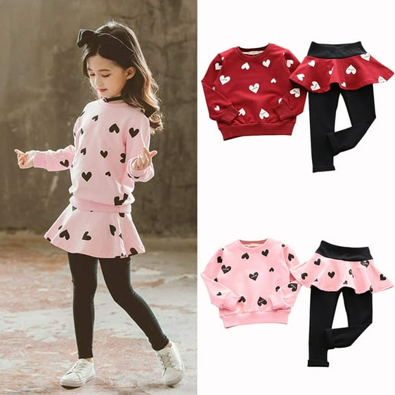 Maxcozy Toddler Kids Girl Heart Print Clothes Top T-shirt Skrit Pants Leggings Outfits 2PCS Set