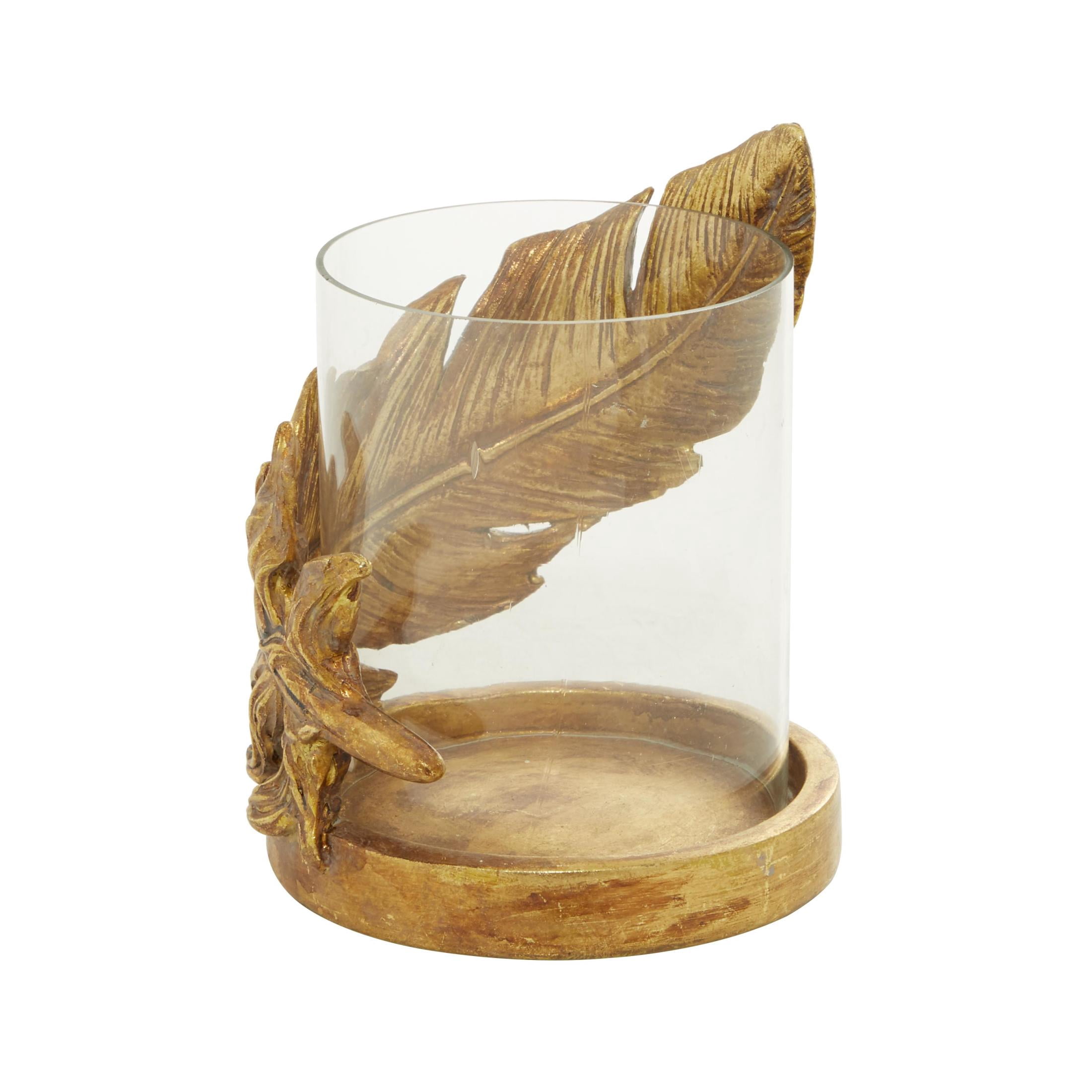 DecMode Gold Glass Bird Feather Pillar Hurricane Lamp