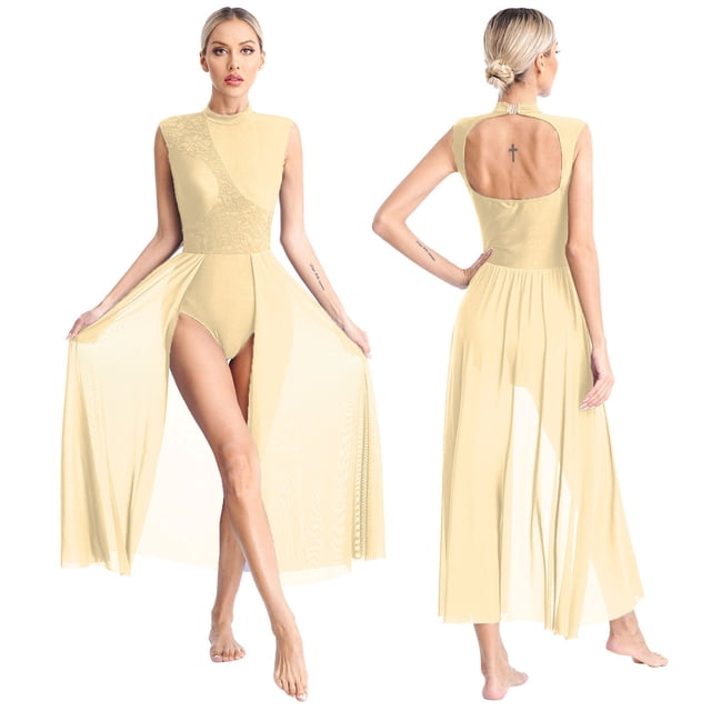 Aislor Robe de Danse Lyrique pour Femmes Justaucorps de Ballet et de Gymnastique Sans Manches Robes Fendues Tenue de Danse Champagne S