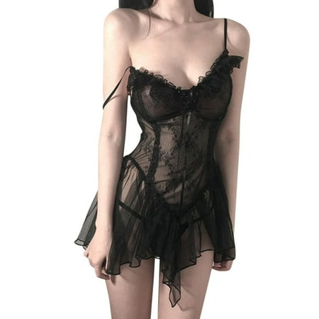 

KEJIG Stylish Sexy Women Lingerie Thong Lace Mesh Perspective Bandage Temptation Babydoll Underwear Night Dress Sleepwear Nightdress+T-String
