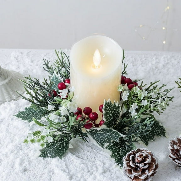 Christmas Indoor Decor,Christmas Tabletop Decor Ornaments,Candle Rings Wreath Table Centerpiece Artificial Leaves Greenerys Candleholders Wreaths For Tabletop Festivals Easter Party Wedding