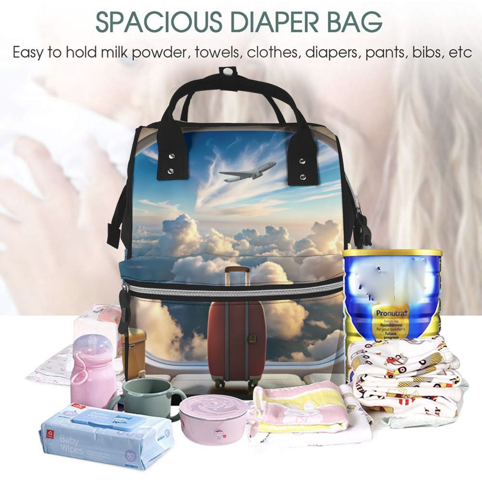Fuzoiu Sunset Airplane Travel View Print Diaper Bag Backpack,Baby Essentials Travel Tote,Multi function Waterproof Diaper Bag, Travel Essentials Baby Bag - Unisex