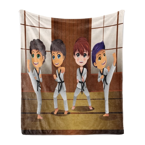 Karate Soft Flannel Fleece Blanket, Children Practicing Martial Arts Self Defence in Dojo Cartoon Illustration, Cozy Plush for Indoor and Outdoor Use, 50" x 60", Redwood Multicolor, by Ambesonne