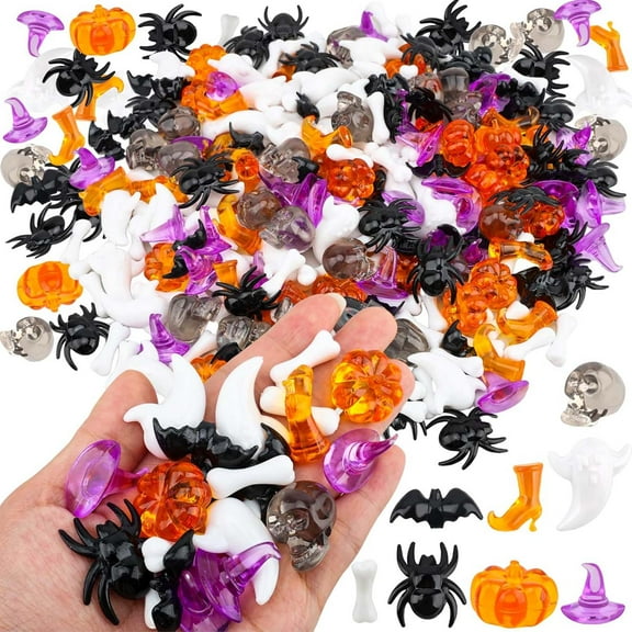 100 Pcs Halloween Vase Filler, Mini Acrylic Pumpkin Ghost Skull Spider Witch Hats Gems for Centerpieces Table Decorations, Halloween Sensory Bin Filler for DIY Crafts