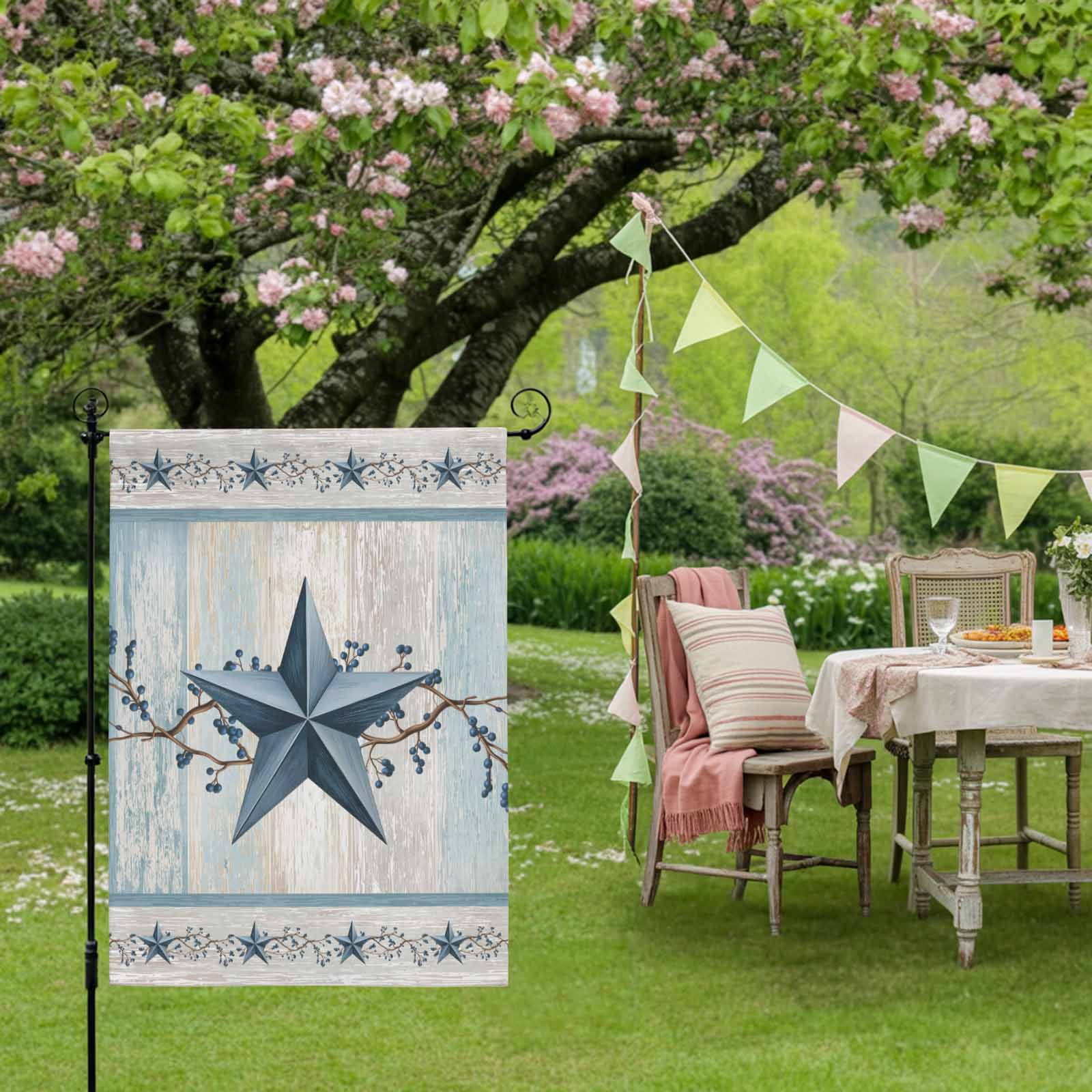 Blue Texas Star House Flag 28 x 40 Inches, Vintage Star Berry Blue Beige Wood Grain Weather Proof Outdoor Patio Flags Double Sided Small House Decoration for Yard Lawn Outside Home