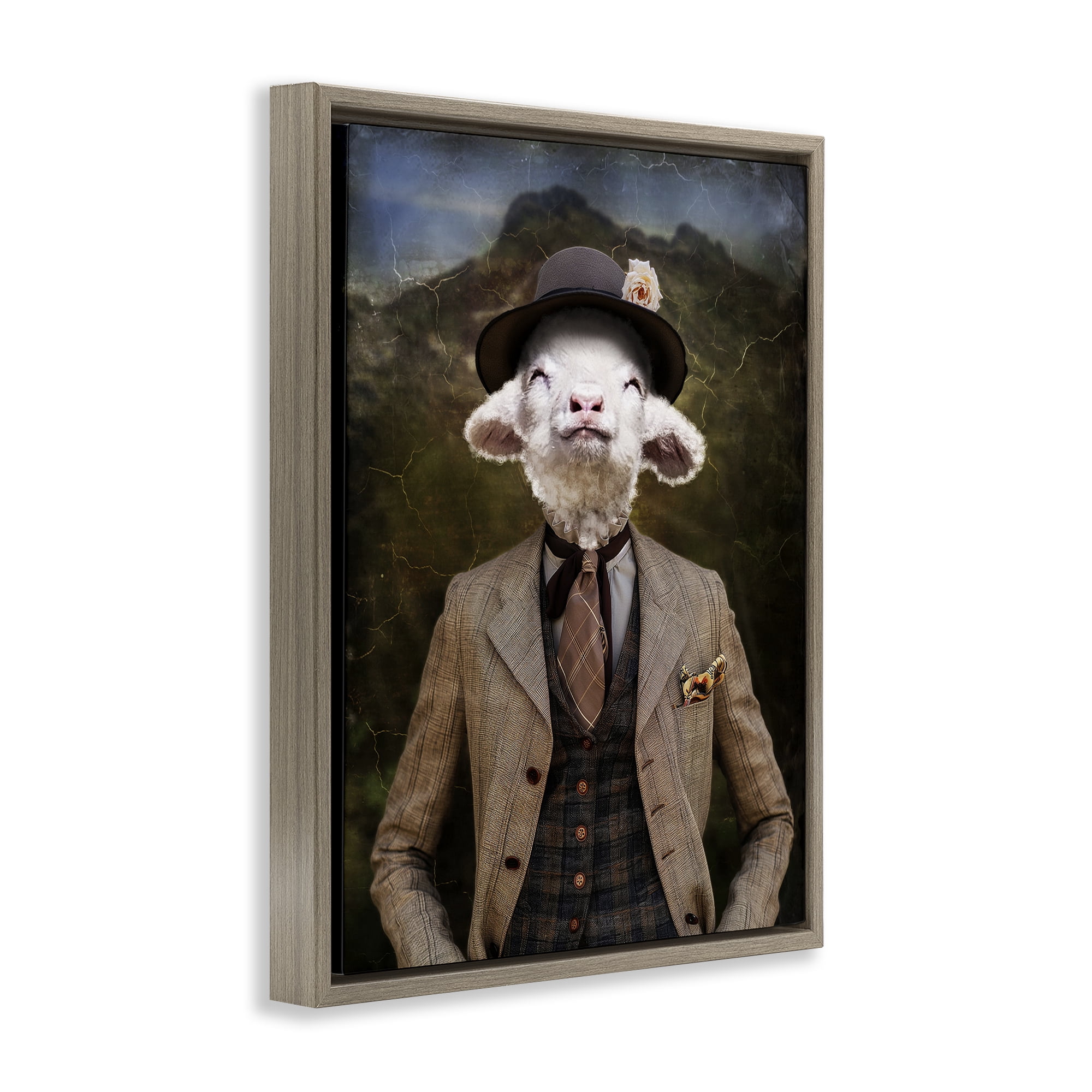 Stupell Industries Happy Classic Lamb Animals & Insects Painting Brown Floater Framed Canvas Art Print Wall Art, 17 x 21