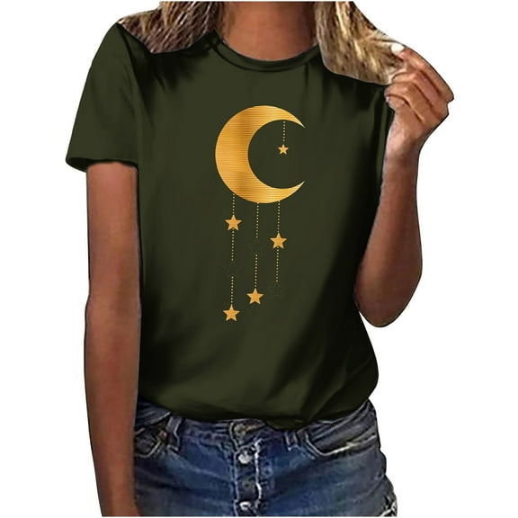 Penkiiy Muslim Ramadan T Shirts for Women Moon Shirt Mystical Graphic Tee Top M Army Green
