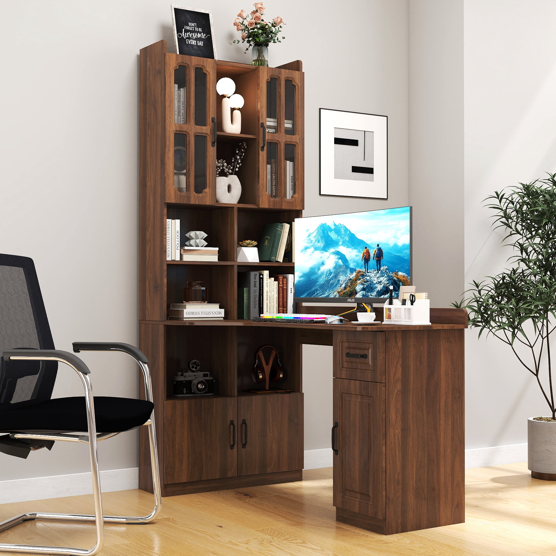 Euroco L-Shaped Corner Computer Desk for Home Office or Study desk, Study Modern Style Table with Drawers, Bookshelf & Hutch, 2-in-1 L-Shaped Design, Large Working Space