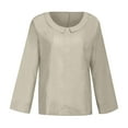 thumbnail image 4 of JINMGG Womens Tops,Women's Fashion Solid Color Tops Long Sleeved Loose Cotton and Linen Loose Shirt Blouse Round Neck Casual Tops,Beige M, 4 of 7